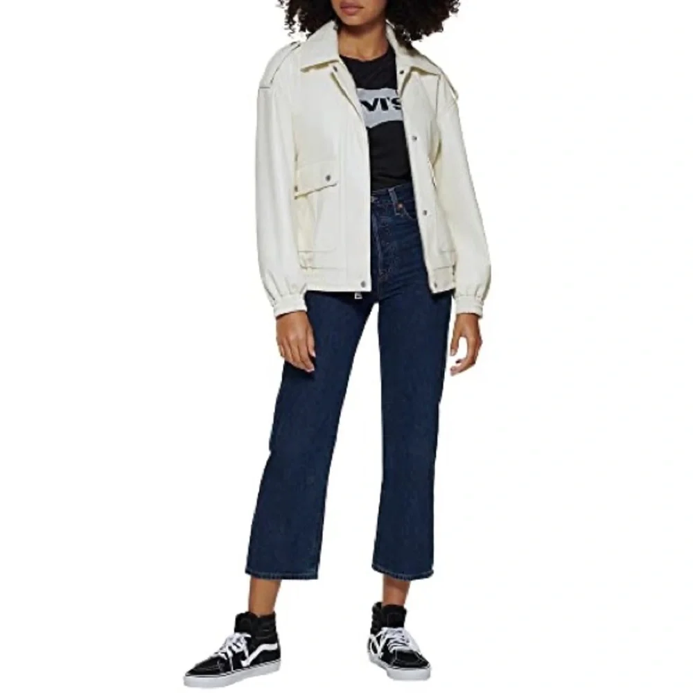 levis faux leather dad bomber jacket in oyster-NWT